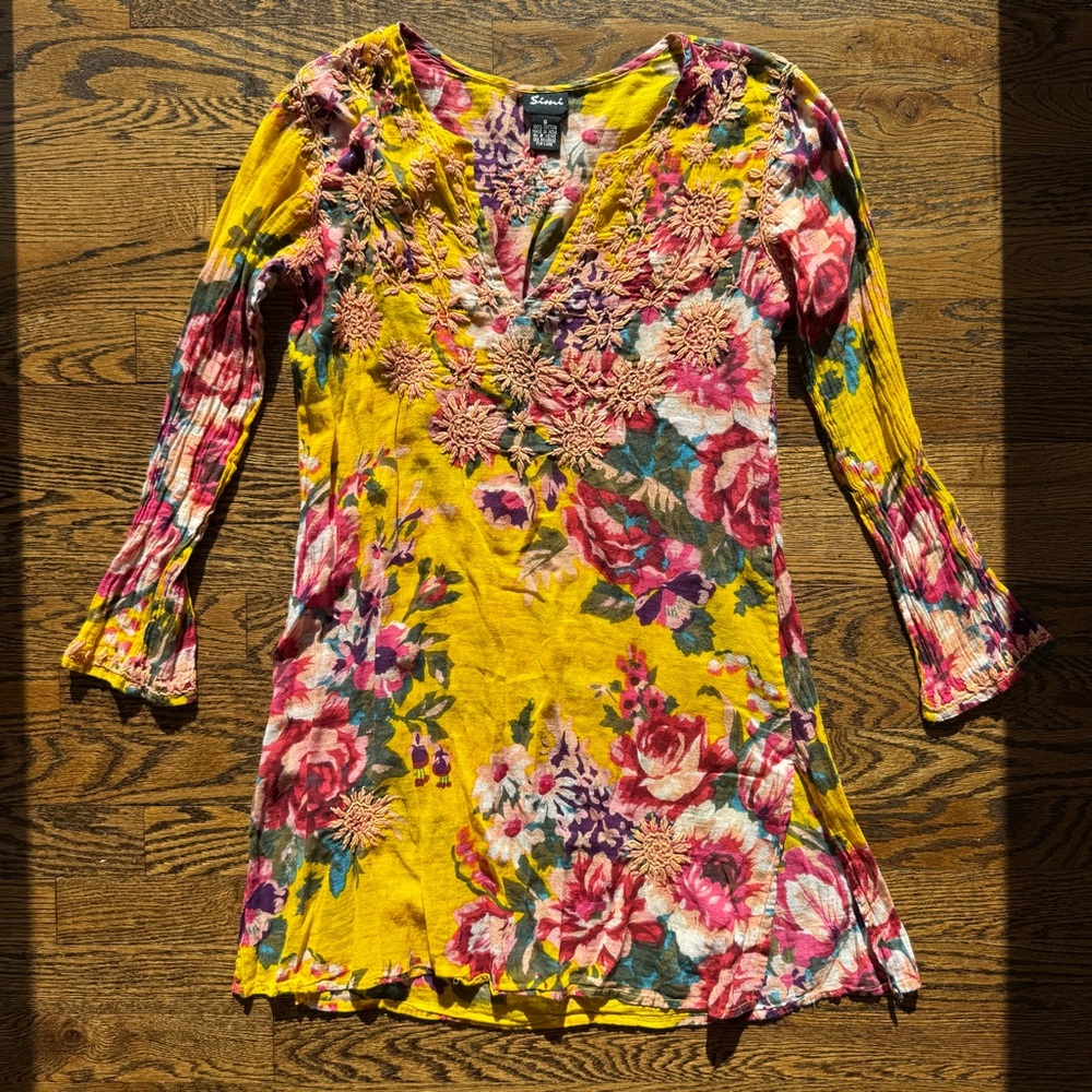 Simi 100% Cotton Floral Print Embroidered Detail Dress Cover Up S - Picture 5 of 10